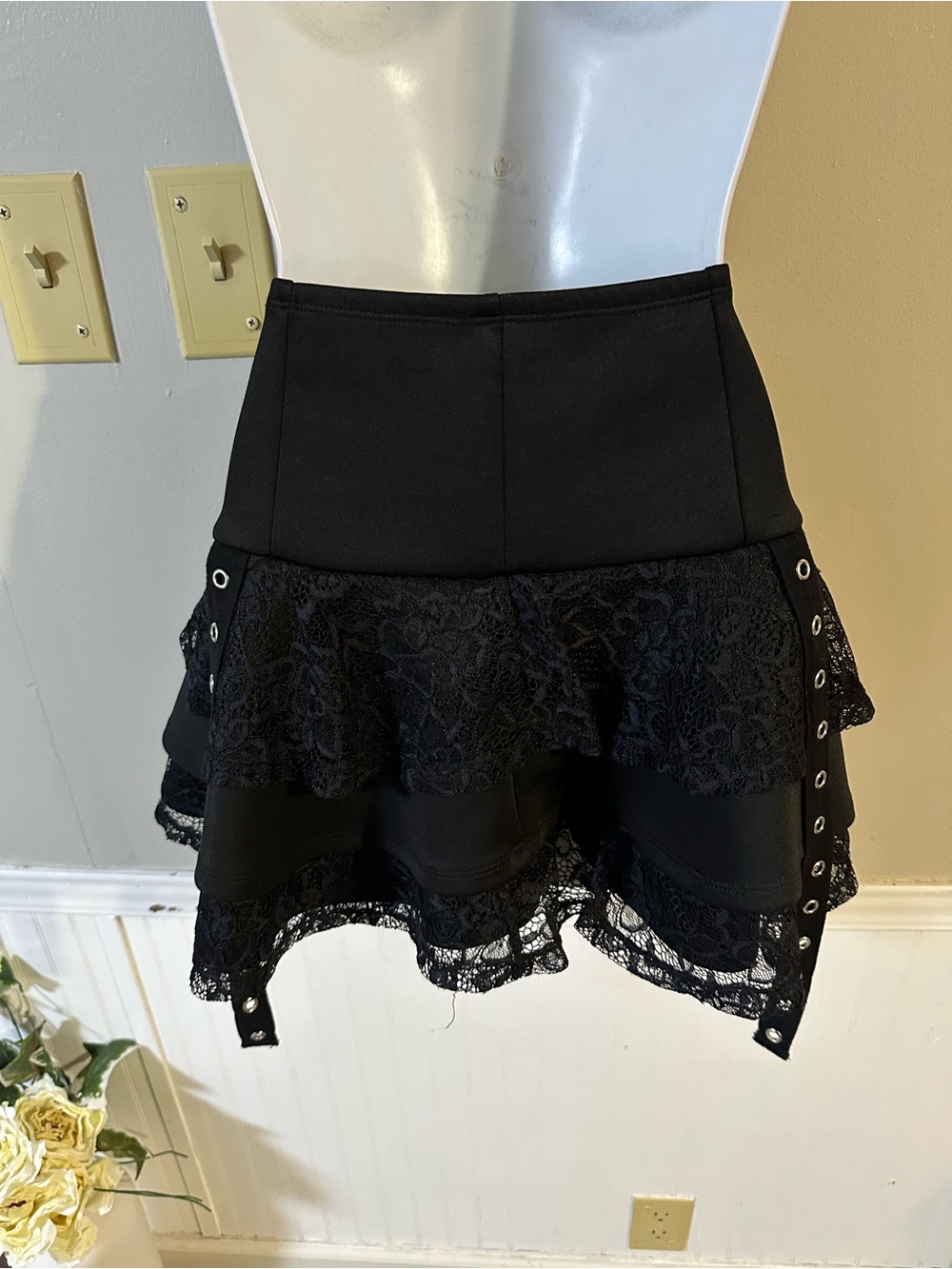 Hot Topic Black Lace Tiered Mini Skirt with Buckle Straps - Picture 5 of 6